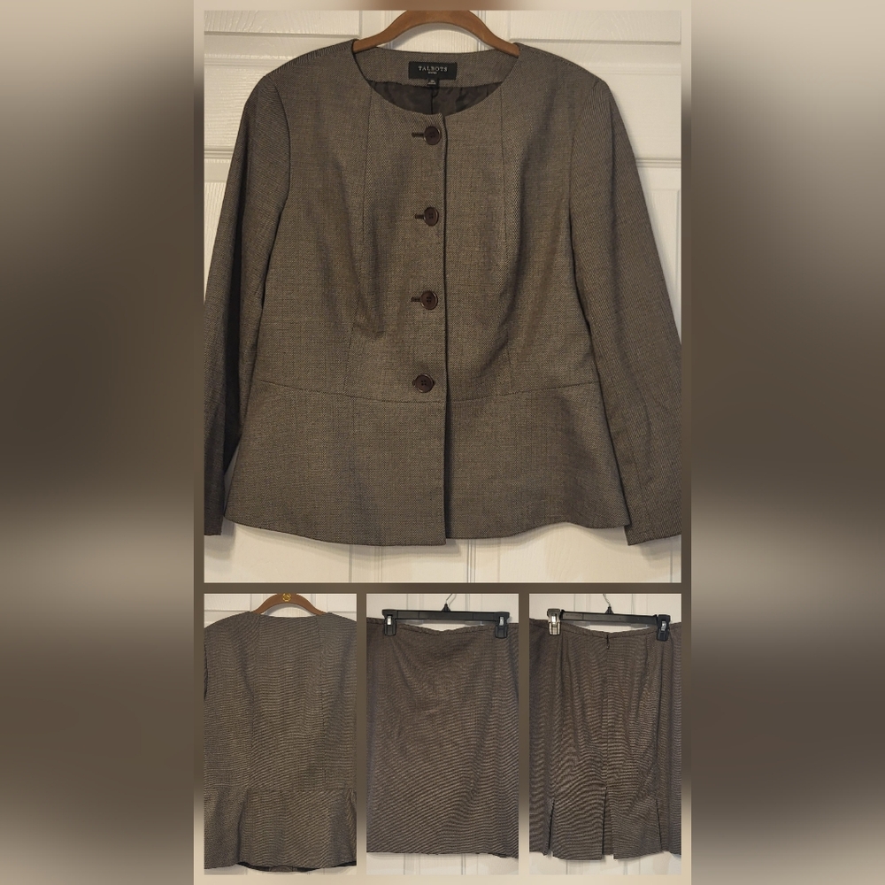 Talbots Brown Tweed Blazer/Skirt Round Neck Lined 2 Piece Suit Size 12p